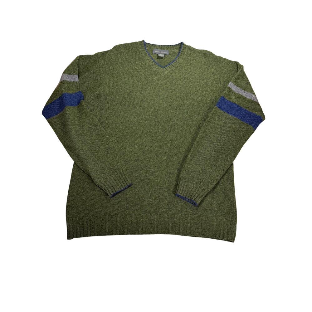 Banana Republic Mens XL 100% Lambswool Sweater Green V Neck Stripe Preppy